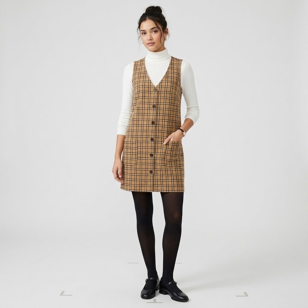 Loft Outlet Dress Womens 2 Plaid Button Front Jumper Pinafore Vest Tan Academia